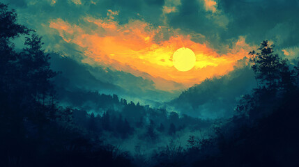 Fototapeta premium A brilliant sunset illuminates a mountainous forest landscape at dusk