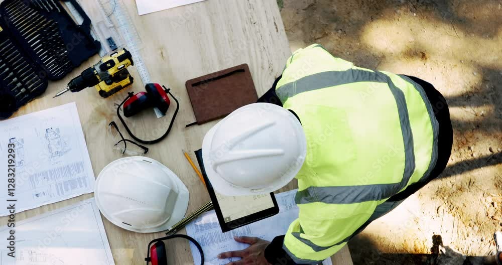 Aufkleber Above, man and paper on construction site for planning, urban development and project management with tech. Engineer person, blueprint and tablet at equipment for building renovation in architecture