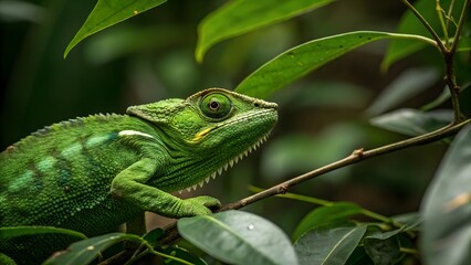 Fototapeta premium Chameleon's Camouflage: A vibrant green chameleon blends seamlessly with its leafy surroundings, showcasing nature's incredible camouflage in a detailed close-up.