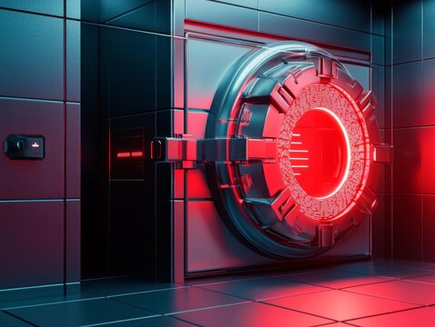 Futuristic vault with glowing red elements and sleek design.