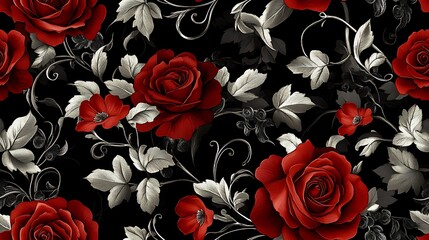 An elegant Gothic botanical pattern, featuring deep crimson roses, curling silver vines, and intricate lace florals. The midnight black background enhances the mysterious,