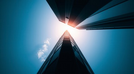 Looking up at modern skyscrapers against a clear blue sky, feeling the immensity of urban architecture.