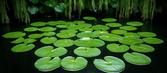 Lush green lily pads floating serenely on a dark pond, under weeping willow branches.
