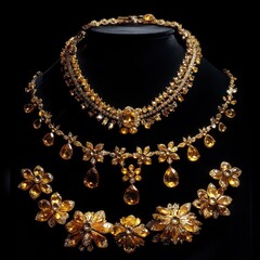 Golden Gemstone Necklaces Display on Black Background for High Fashion Design