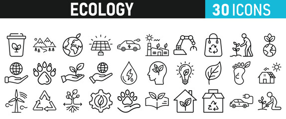 Ecology and Environment icons set. Ecology and Energy liner icons collection. Leaf, Eco friendly. Electric car, global warming, plant, weather. Vector illustration