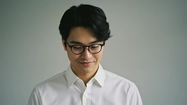 メガネをかけて白シャツを着た、はにかんで笑う若い男性