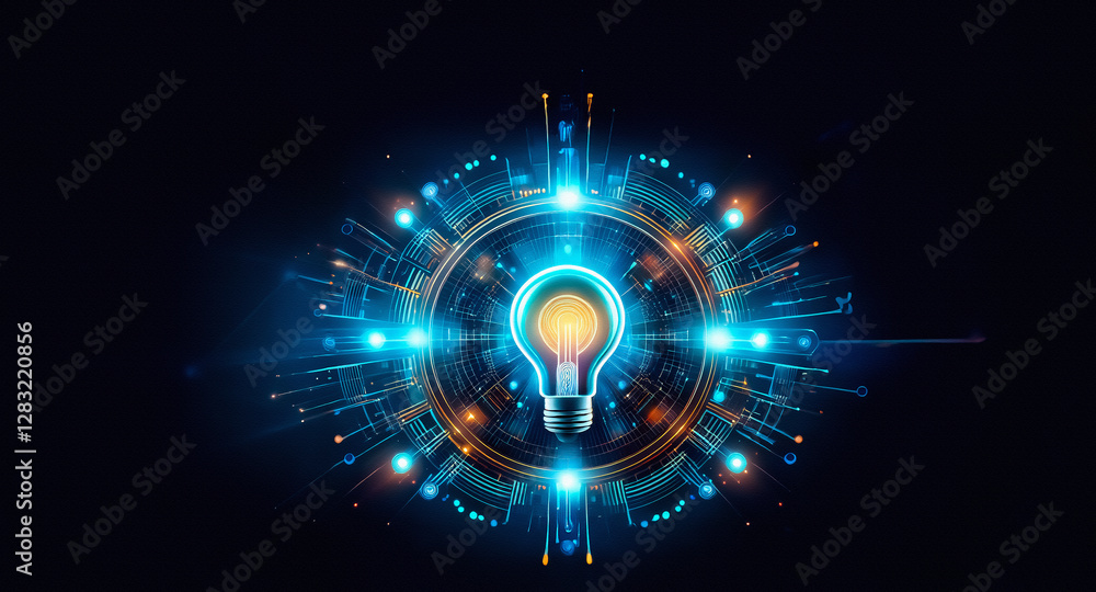 Aufkleber A glowing lightbulb is positioned centrally within a circular, futuristic digital design.  Blue and orange lights illuminate the dark background, creating a technological and innovative atmosphere.