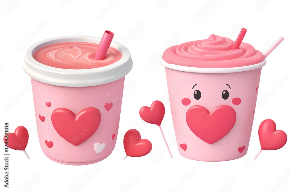 Aufkleber 3d rendering pink smoothie with hearts and a straw isolated on transparent background, png file add