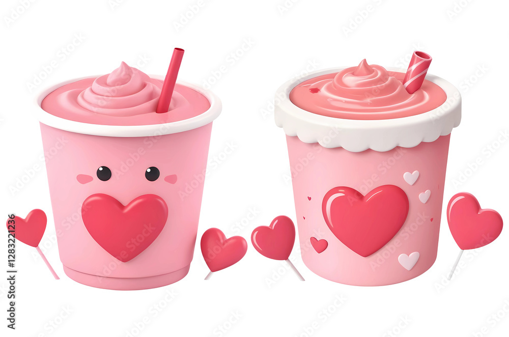 Aufkleber 3d rendering pink smoothie with hearts and a straw isolated on transparent background, png file add