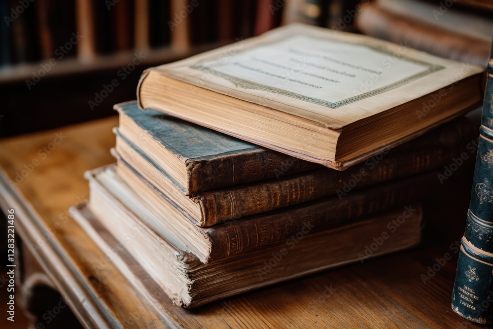 Aufkleber old books stacked on a wooden table in a cozy library filled with vintage charm and literary history