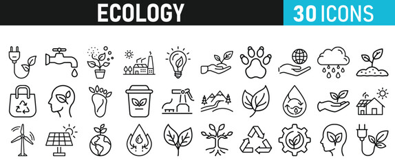 Ecology and Environment icons set. Ecology and Energy liner icons collection. Leaf, Eco friendly. Electric car, global warming, plant, weather. Vector illustration
