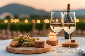 Romantic vineyard sunset dinner with white wine, cheese, and grapes.
