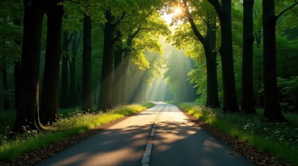 Obraz premium Serene sunlit pathway through a verdant canopy of trees, shadows dancing on the road ahead