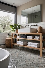 Naklejka premium Serene Scandinavian Bathroom with Floating Wooden Vanity, Rainfall Shower, and Natural Elements Mock Up