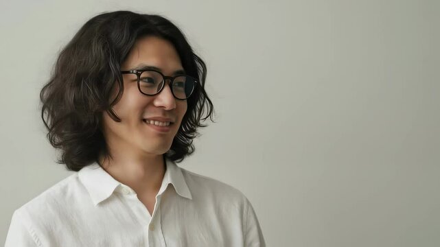 メガネをかけて白シャツを着た、はにかむ若い長髪の男性