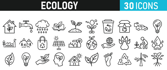 Ecology and Environment icons set. Ecology and Energy liner icons collection. Leaf, Eco friendly. Electric car, global warming, plant, weather. Vector illustration
