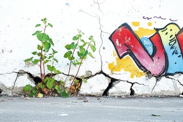 Obraz premium Urban art meets nature on this graffitied wall, where a determined plant sprouts through the cracks