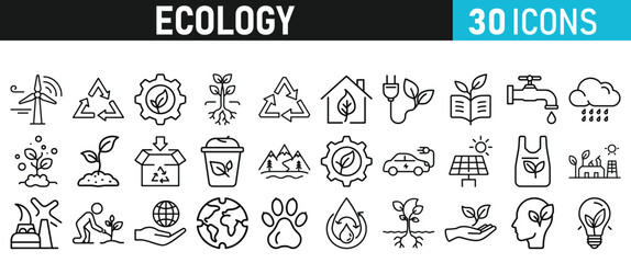 Ecology and Environment icons set. Ecology and Energy liner icons collection. Leaf, Eco friendly. Electric car, global warming, plant, weather. Vector illustration