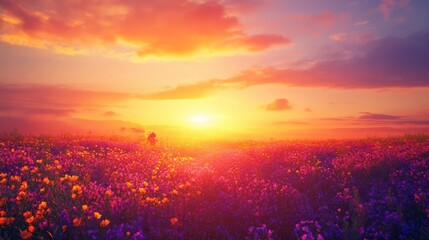 Vibrant sunset over a field of colorful flowers, casting warm hues in the evening sky, inspiring peace and beauty in nature.