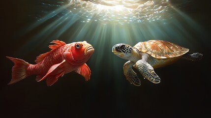 Fototapeta premium Colorful Fish and Sea Turtle Swimming Underwater with Sunbeams Creating a Tranquil Marine Scene