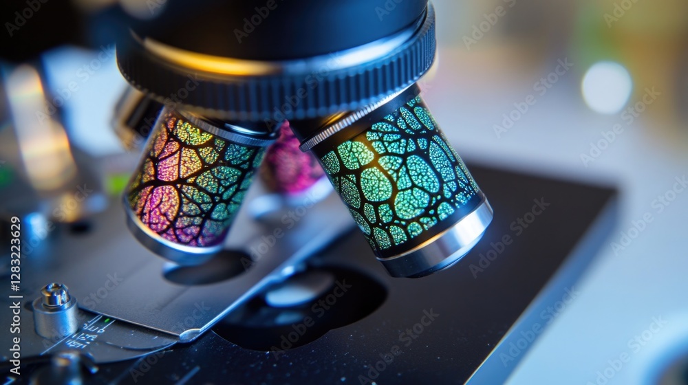 Poster a close-up view of a microscope sitting on a table, ideal for science and technology-related project