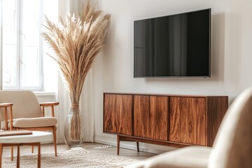 Modern Living Room Decor: Flat Screen TV above Wooden Cabinet with Pampas Grass