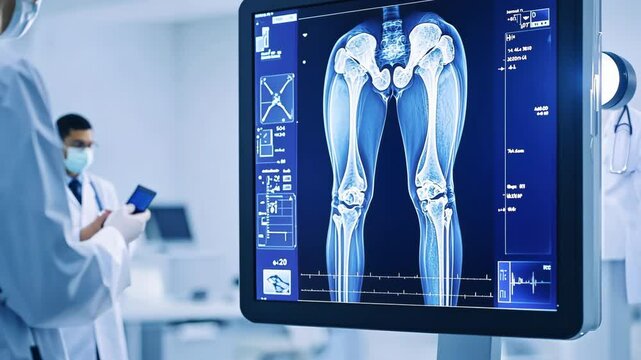 Medical Professionals and Doctor Examine Digital X Ray Images of Patient Hip and Leg Bones on Screen in Hospital Setting, Highlighting Advanced Medical Imaging Technology in Modern Medical Facility