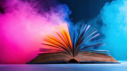   An open book sits atop a table, surrounded by a swirling blend of blue and pink clouds