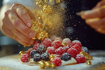 A person sprinkling sugar on a dessert, great for food and lifestyle imagery