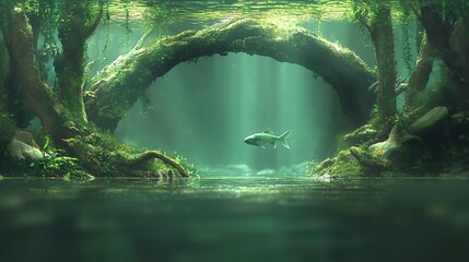 Enchanted Underwater Forest with a Single Fish