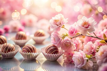 A dreamy double exposure: pink flowers bloom over a box of exquisite chocolates, a tempting sweet treat.