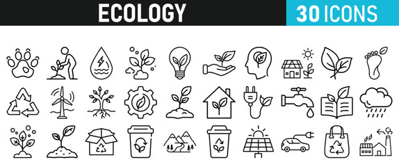 Ecology and Environment icons set. Ecology and Energy liner icons collection. Leaf, Eco friendly. Electric car, global warming, plant, weather. Vector illustration