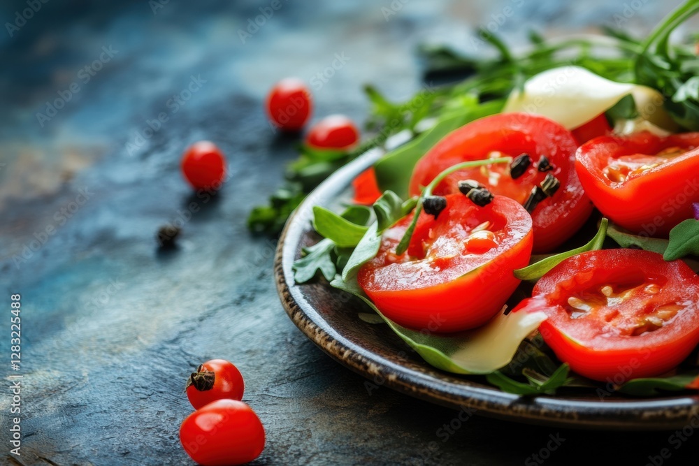 Poster fresh salad with sliced tomatoes, greens, and black pepper on a rustic table setting. generative ai