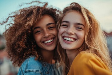 Fototapeta premium Two friends smiling brightly together at sunset on a rooftop in the city enjoying a joyful moment of friendship. Generative AI