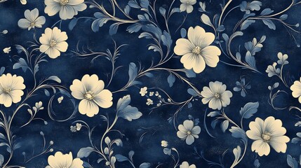 Ornate midnight florals woven into a seamless vintage pattern, with swirling botanical motifs in subtle metallic hues over a muted sapphire background.
