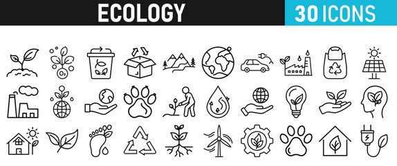 Ecology and Environment icons set. Ecology and Energy liner icons collection. Leaf, Eco friendly. Electric car, global warming, plant, weather. Vector illustration