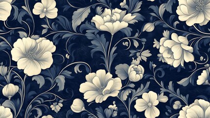 Ornate midnight florals woven into a seamless vintage pattern, with swirling botanical motifs in subtle metallic hues over a muted sapphire background.