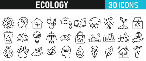 Ecology and Environment icons set. Ecology and Energy liner icons collection. Leaf, Eco friendly. Electric car, global warming, plant, weather. Vector illustration