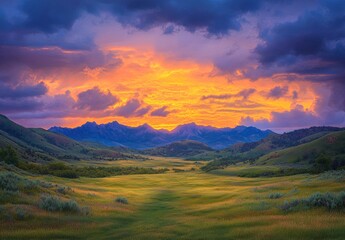 Fototapeta premium Vibrant Sunset Over Rolling Hills and Mountain Landscape