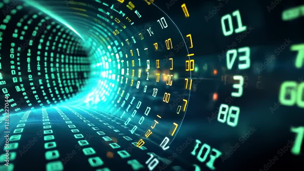 Poster futuristic digital tunnel with glowing numbers, captured from a dynamic, swirling camera angle, evok