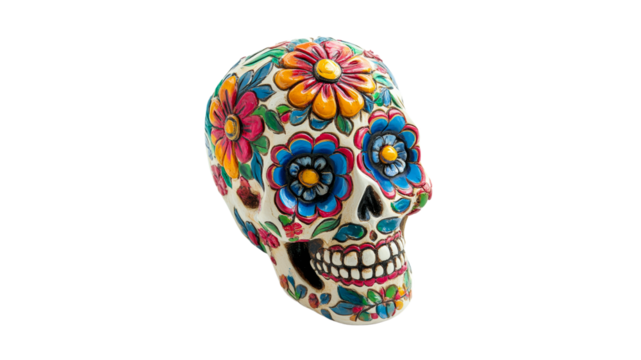 Colorful skull with floral decorations on display