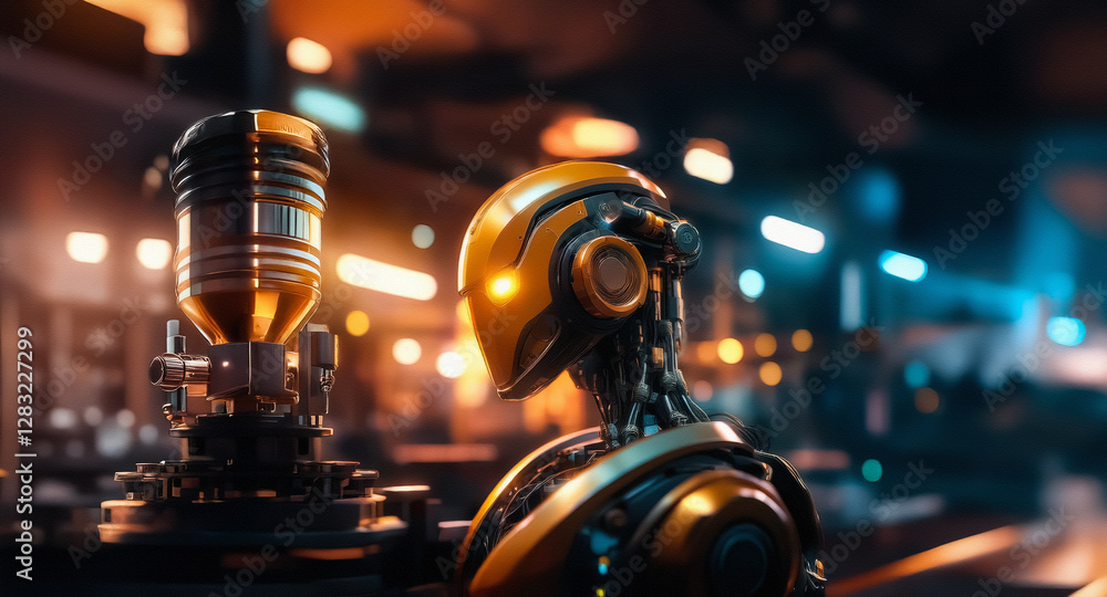 Aufkleber description: futuristic golden robot stands in a workshop, observing machinery. the metallic droid i