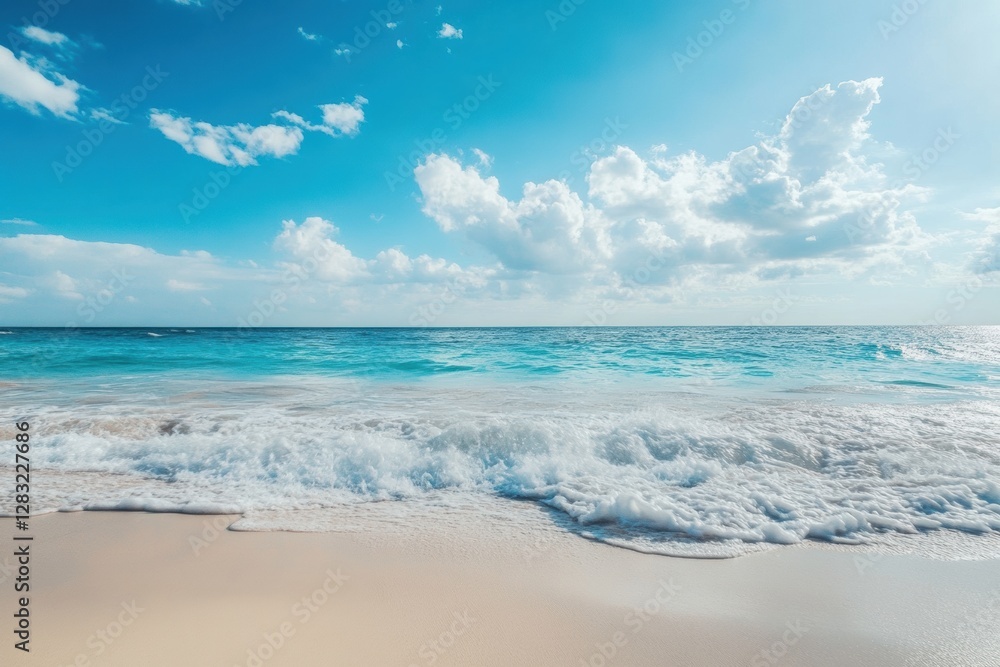 Poster serene ocean waves gently wash over tranquil sandy beach under a bright blue sky with fluffy clouds.