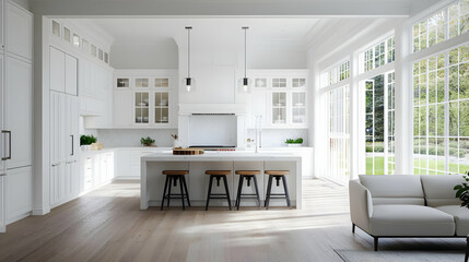 Bright White Modern Kitchen Interior Design with Wooden Floor and Large Windows