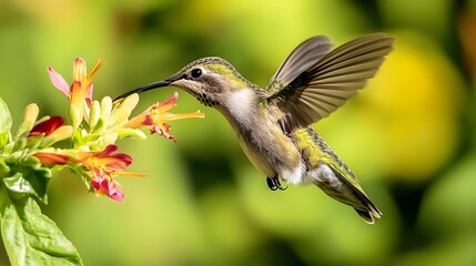 Hummingbird hovering near vibrant flowers in a lush garden setting, showcasing nature's beauty