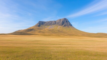 Expansive Field with a Rugged Mountain Under a Bright Blue Sky