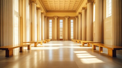 A legislative hall with tall columns and large wooden tables. Featuring stability and tradition