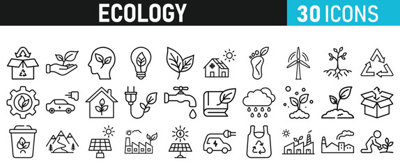 Ecology and Environment icons set. Ecology and Energy liner icons collection. Leaf, Eco friendly. Electric car, global warming, plant, weather. Vector illustration