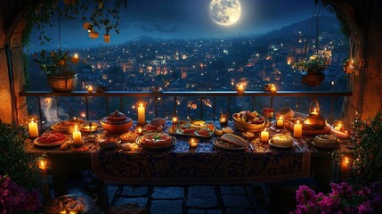 A beautifully detailed Ramadan table setup on a balcony with traditional food surrounded by candlelight