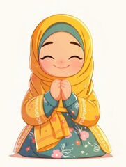 A cartoon illustration of a smiling young Muslim girl